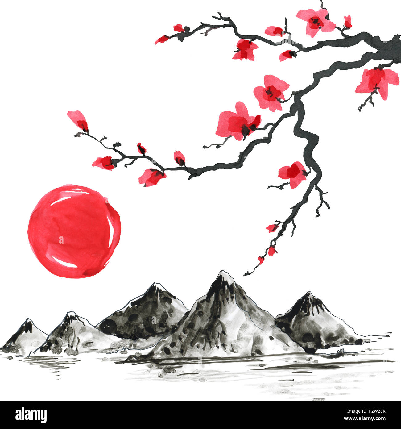 Montagnes dans la peinture japonaise de style. Belle traditionnelle  aquarelle illustration dessiné à la main Photo Stock - Alamy