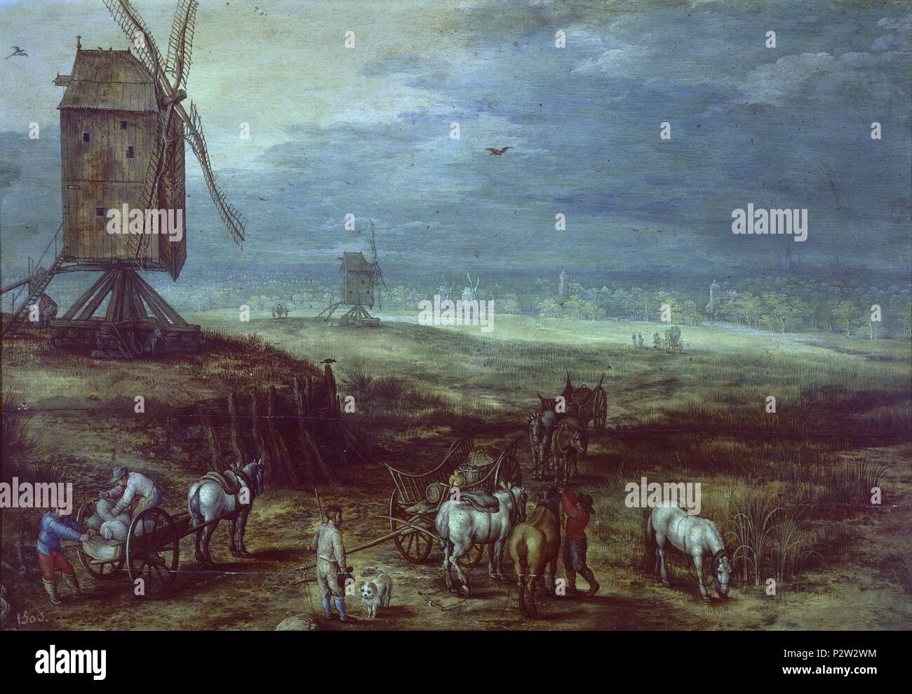 'Paysage avec moulins à vent', 1606-1608, École flamande, panneau, 34 cm x 50 cm, P01430. Auteur : Jan Brueghel l'ancien (1568-1625). Emplacement : Museo del Prado-PINTURA, MADRID, ESPAGNE. Banque D'Images