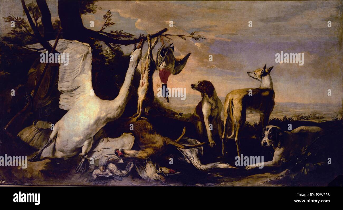'Caza y perros', 17e siècle, de style baroque flamand, huile sur toile, 172 cm x 313 cm, P01363. Auteur : Pieter Boel (1622-1674). Emplacement : Museo del Prado-PINTURA, MADRID, ESPAGNE. Banque D'Images