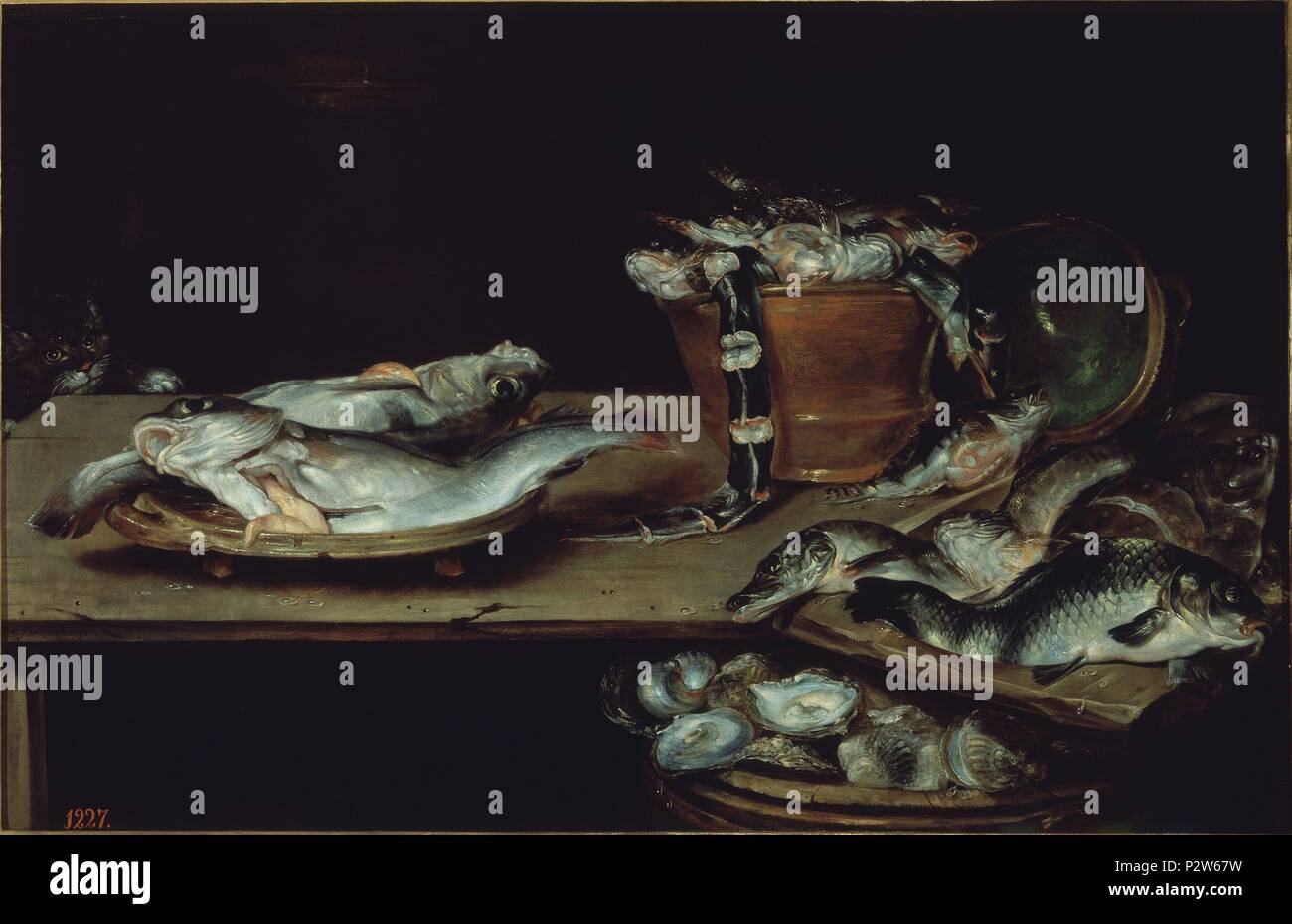 Still Life with Fish - 17e siècle - 60x91 cm - Huile sur toile - École flamande - NP 1341. Auteur : Alexander van Adriaenssen (1587-1661). Emplacement : Museo del Prado-PINTURA, MADRID, ESPAGNE. Aussi connu sous : BODEGON : MESA CON PESCADOS, OSTRAS Y UN GATO. Banque D'Images