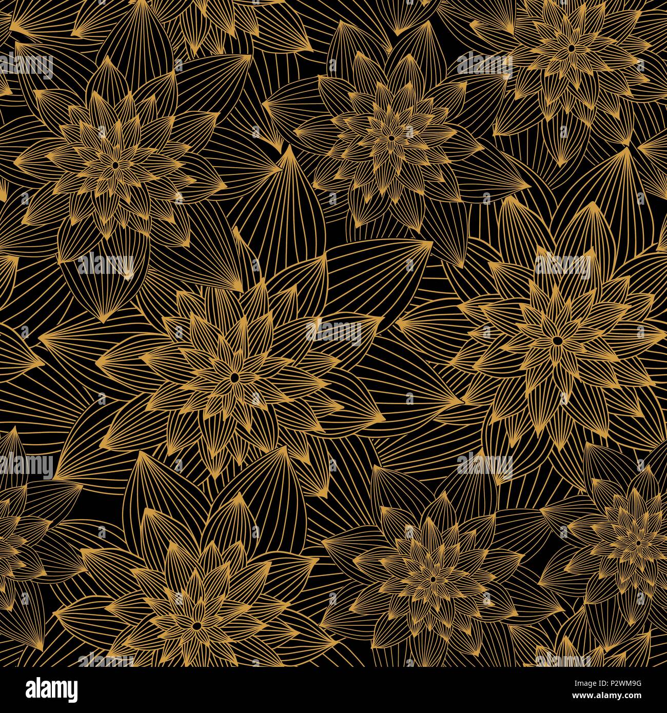 Abstract floral vectoriel continu modèle de luxe d'or. Fleurs d'or sur fond noir. Illustration de Vecteur