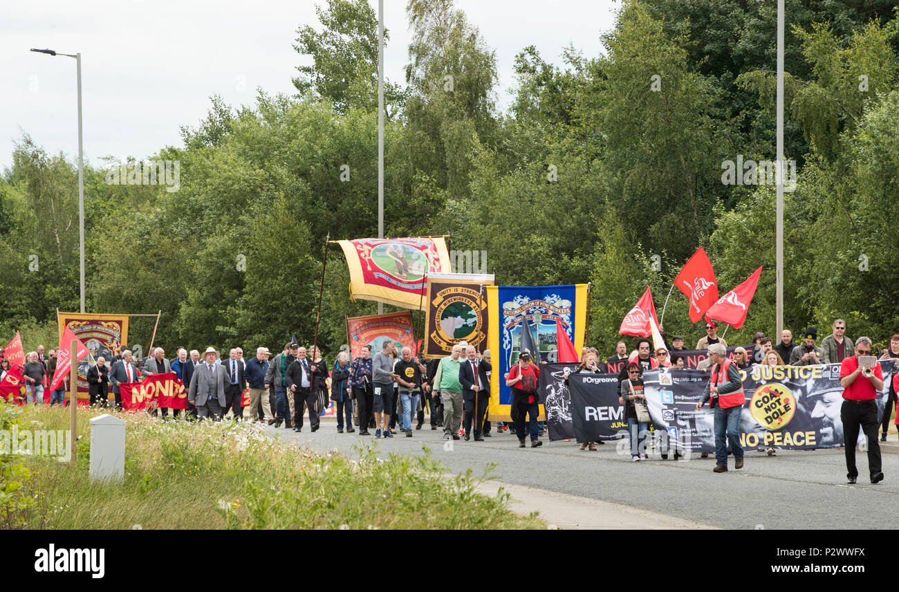 Les manifestants demandent au gouvernement de mettre en œuvre une enquête publique au cours de l'Assemblée Orgreave rassemblement à Sheffield, organisée par la campagne d'Orgreave la vérité et la justice, commémorant le 34e anniversaire des événements à Orgreave. Banque D'Images