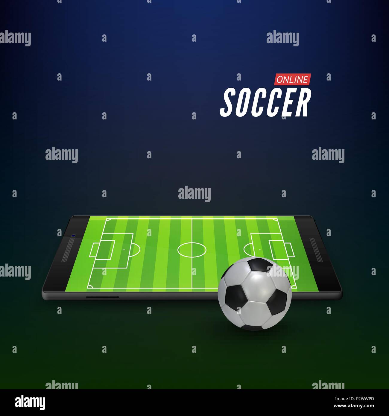 L'interface de l'application mobile pour les paris sportifs en ligne. Terrain de soccer vide sur l'écran du smartphone. Vector illustration sur fond sombre Illustration de Vecteur