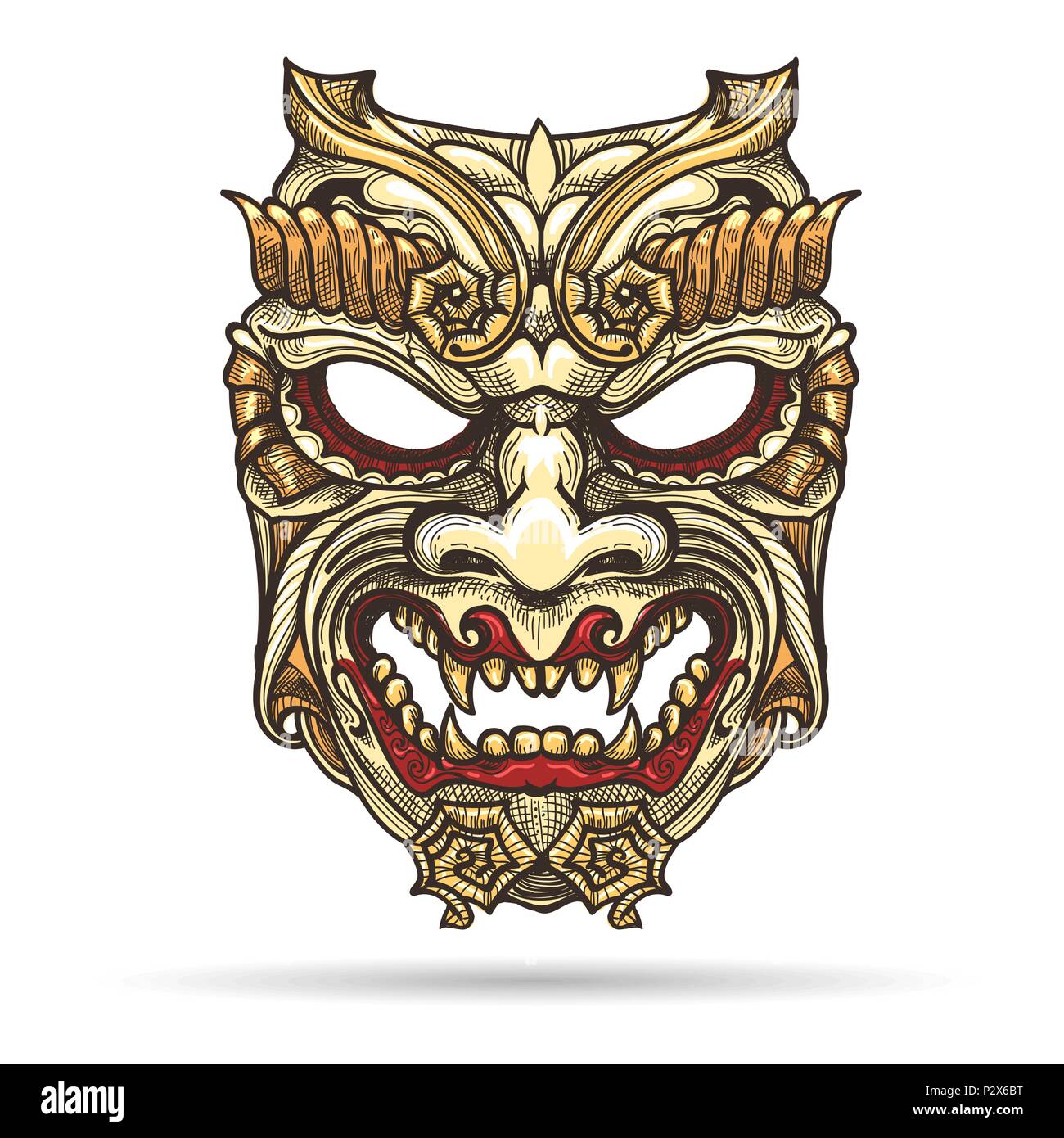 Samouraï japonais dessinés à la main, masque de démon. Vector illustration. Illustration de Vecteur