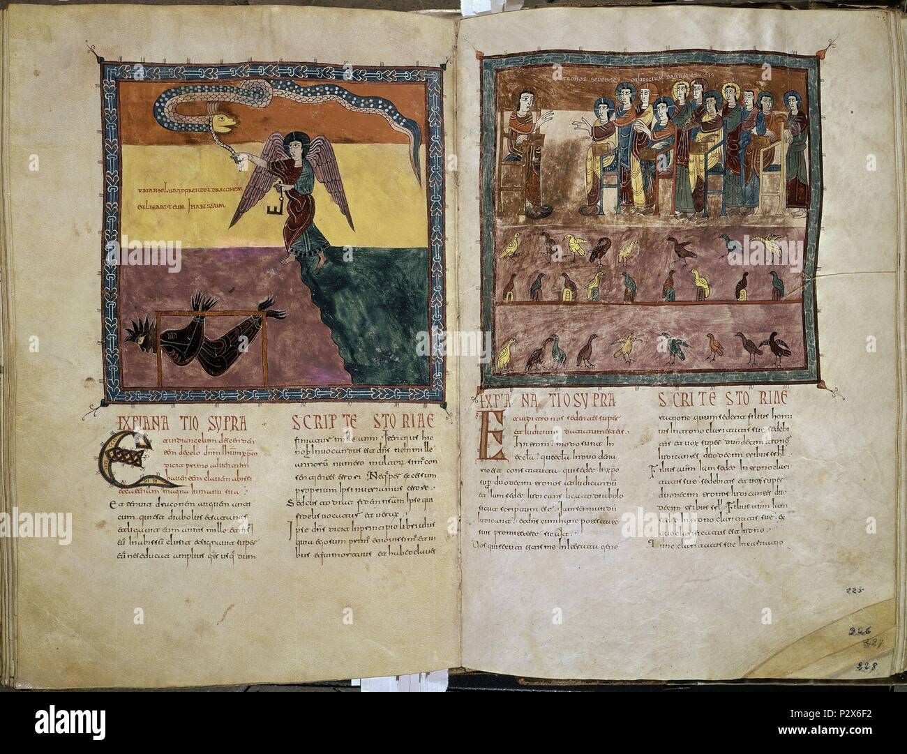 BEATO DE SAN SALVADOR DE TABARA, 975- COMENTARIOS AL APOCALIPSIS--ENCADENA Mozarabe-andalou QUI COMPREND EL ANGEL AL DRAGON. Auteur : Beatus de Liébana (ch. 730-c. 798). Emplacement : CATEDRAL-ARCHIVO salle capitulaire, Gérone, Espagne. Banque D'Images