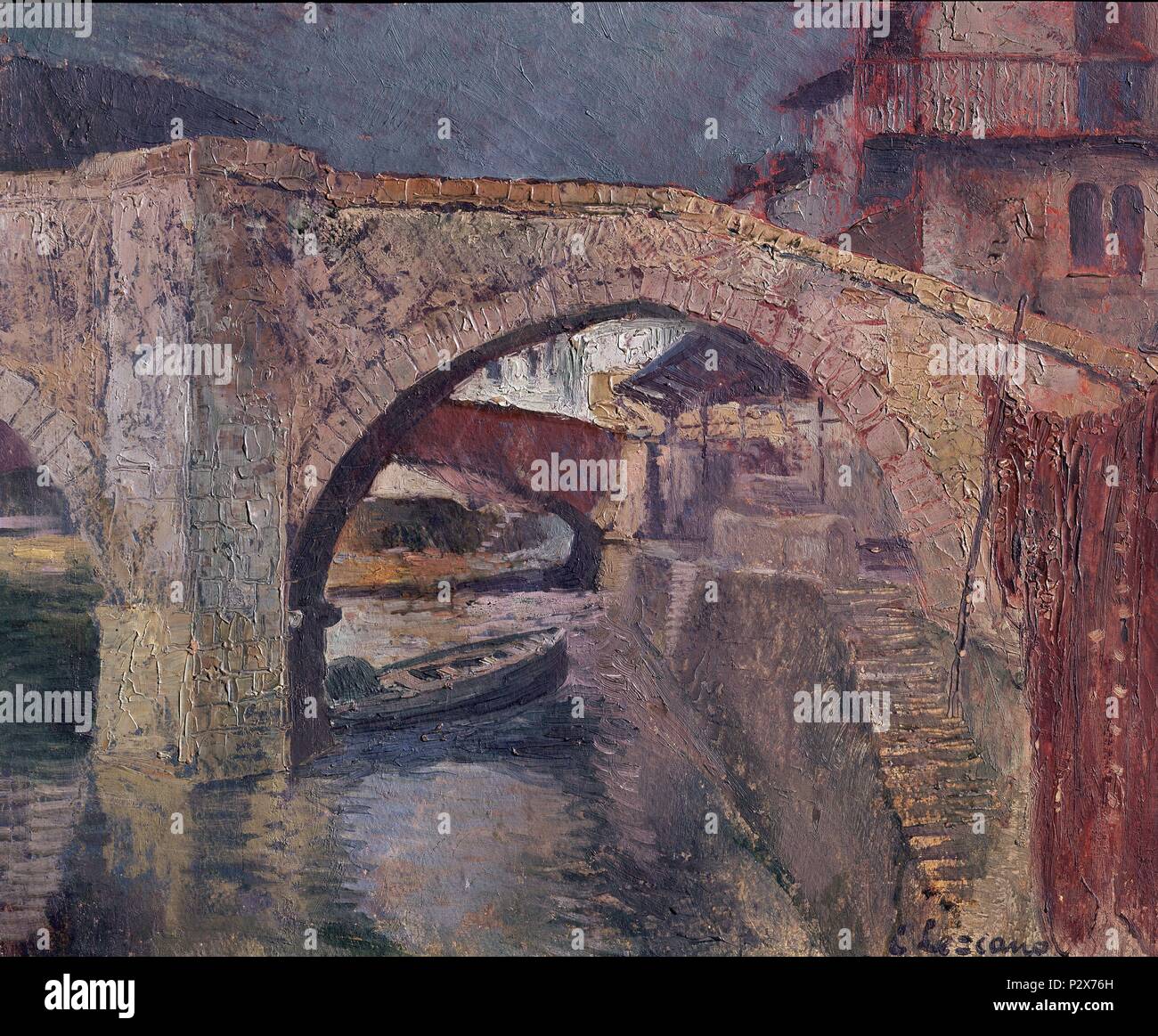 VIEJO PUENTE DE ONDARROA (Guipuzcoa) 1928. Auteur : Carlos Lezcano (1871-1929). Lieu : Musée Reina Sofia-PINTURA, MADRID, ESPAGNE. Banque D'Images