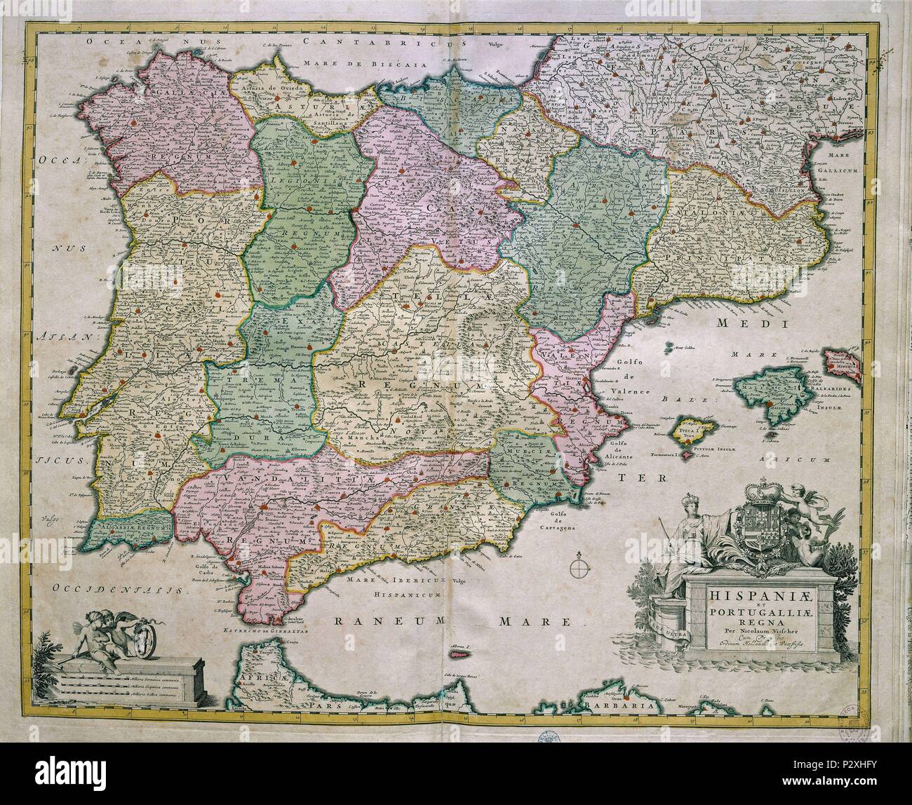 MAPA DEL REINO DE ESPAÑA Y PORTUGAL CON SUS REGIONES-S XVIII. Auteur : Nicolaes Visscher I (1618-1679). Emplacement : BIBLIOTECA NACIONAL-COLECCION, MADRID. Banque D'Images