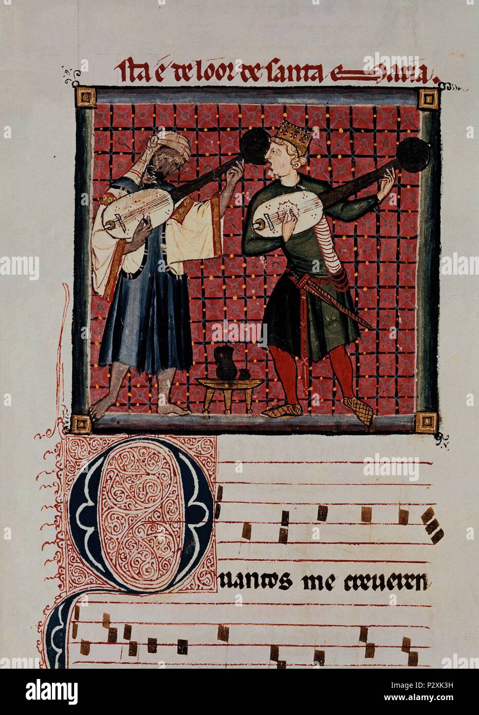 École d'espagnol. Les Cantigas de Santa Maria (manuscrit avec annotations) musique : Moor et Christian jouant luth. Cantique n°120. 13e siècle. Madrid, San Lorenzo de El Escorial bibliothèque. Auteur : Alfonso X le Sage de Castille (1221-1284). Emplacement : MONASTERIO-BIBLIOTECA-COLECCION, San Lorenzo del Escorial, Madrid, Espagne. Banque D'Images