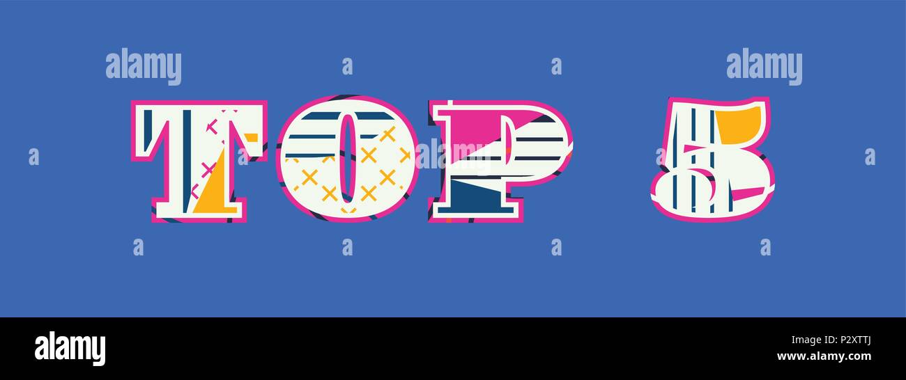 Le top 5 des mots écrits en concept abstrait coloré de la typographie. 10 EPS vectoriel disponible. Illustration de Vecteur