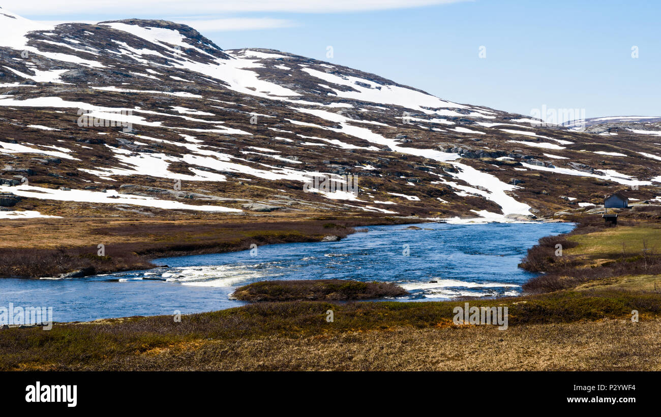 Sur la montagne au-dessus de la rivière en Bjoreio Hardangervidda, la Norvège. Banque D'Images