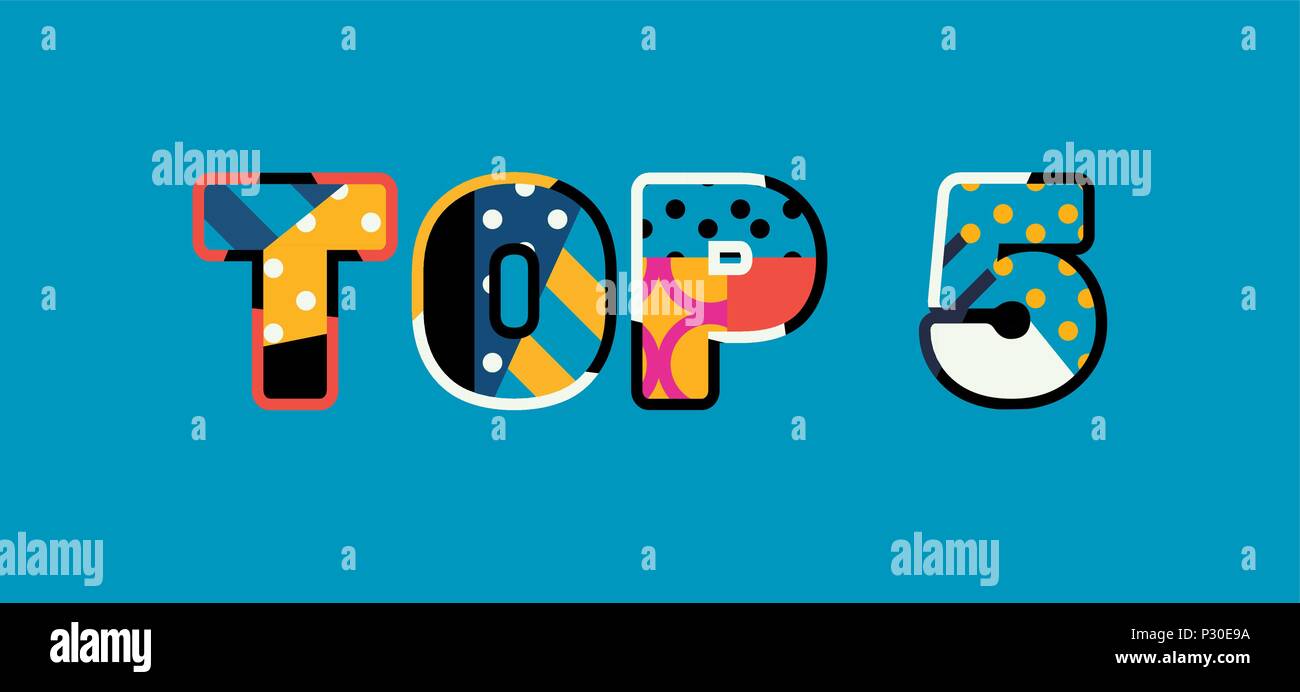 Le top 5 des mots écrits en concept abstrait coloré de la typographie. 10 EPS vectoriel disponible. Illustration de Vecteur