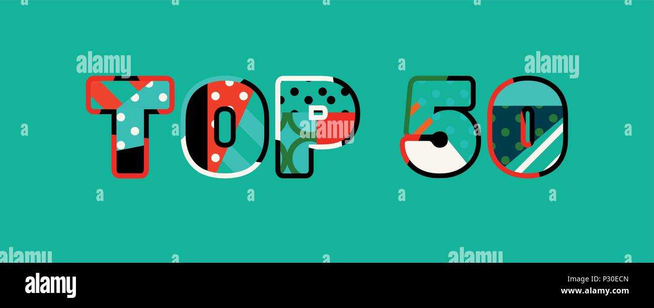 Le TOP 50 des mots écrits en concept abstrait coloré de la typographie. 10 EPS vectoriel disponible. Illustration de Vecteur