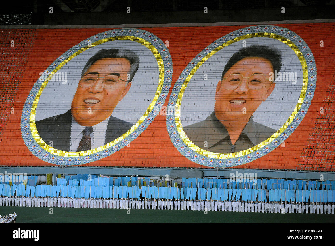 Pyongyang, Corée du Nord, mosaïque géante au Festival Arirang Banque D'Images
