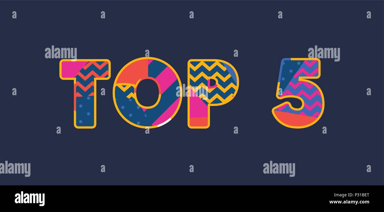 Le top 5 des mots écrits en concept abstrait coloré de la typographie. 10 EPS vectoriel disponible. Illustration de Vecteur