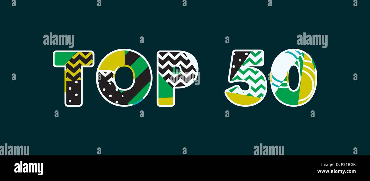 Le TOP 50 des mots écrits en concept abstrait coloré de la typographie. 10 EPS vectoriel disponible. Illustration de Vecteur