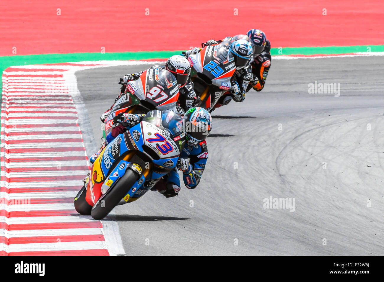 ALEX MARQUEZ (73) de l'Espagne, XAVI VIERGE (97) de l'Espagne et MARCEL SCHROTTER (23) de l'Allemagne pendant la course Moto2 de la course du Grand Prix de Catalogne, au circuit de course de Barcelone Montmelo, près de Barcelone le 17 juin 2018 (Photo : Alvaro Sanchez) Banque D'Images