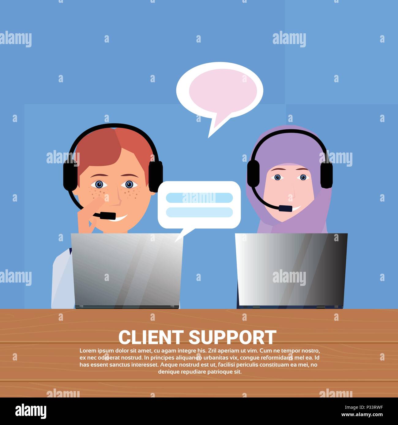 Mélanger divers course casque call center agent client assistance en ligne, l'opérateur de service clientèle et technique, l'icône de chat concept, design plat espace copie Illustration de Vecteur