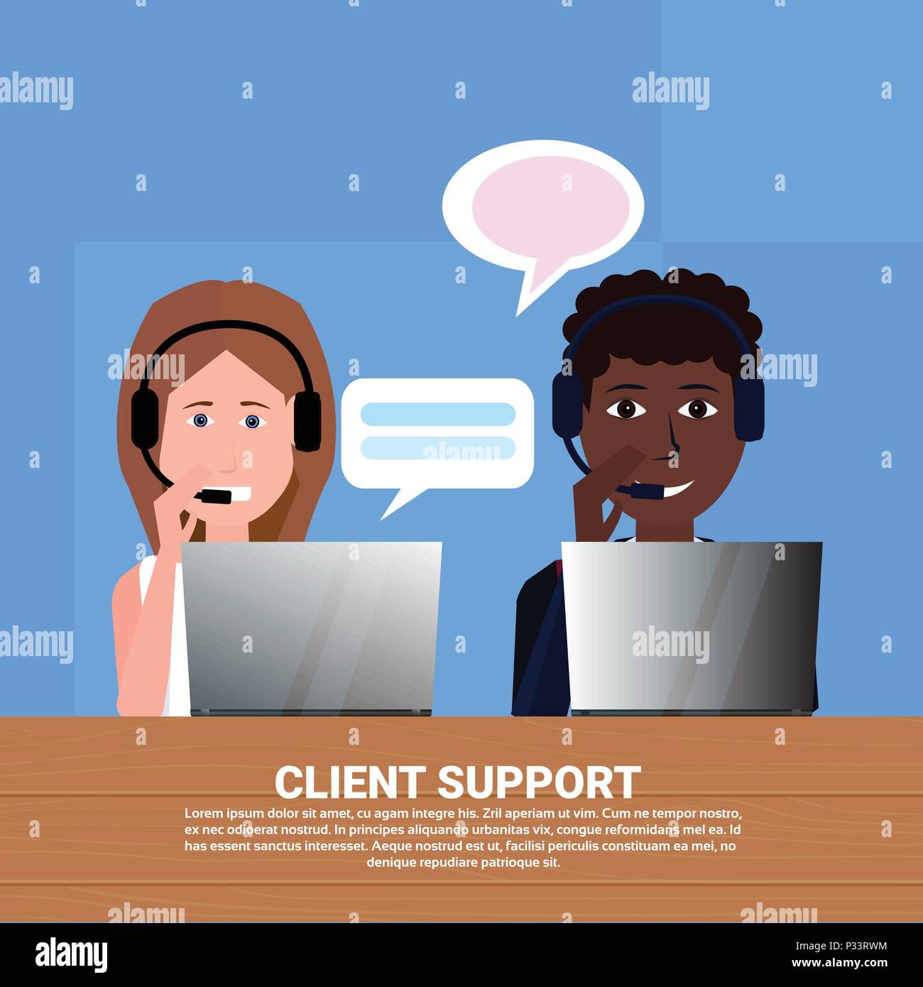 Mélanger divers course casque call center agent client assistance en ligne, l'opérateur de service clientèle et technique, l'icône de chat concept, design plat espace copie Illustration de Vecteur