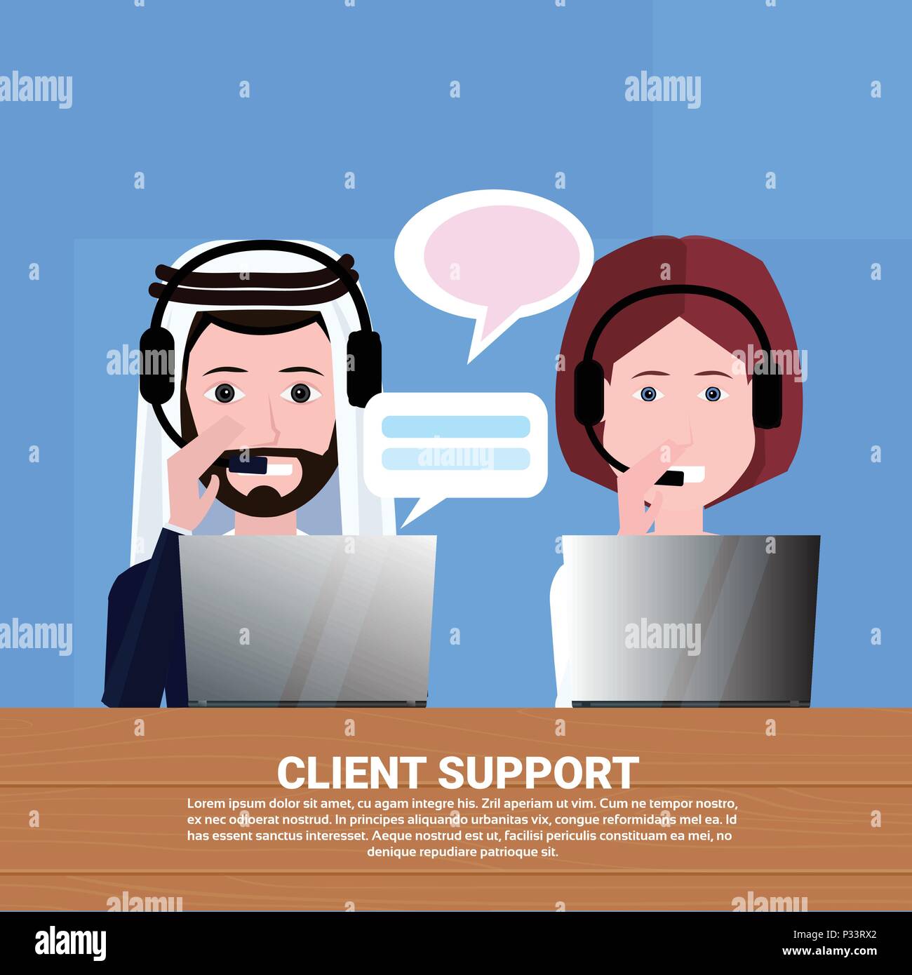Mélanger divers course casque call center agent client assistance en ligne, l'opérateur de service clientèle et technique, l'icône de chat concept, design plat espace copie Illustration de Vecteur
