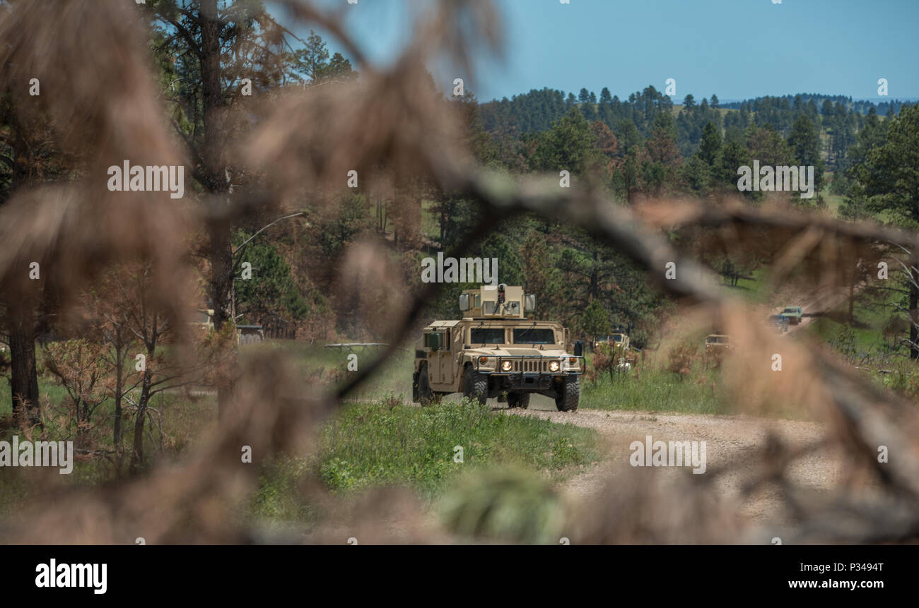 La 137e compagnie de transport avec la Garde nationale du Kansas mener les opérations de convoi lors de la lutte contre les engins explosifs improvisés de la formation de l'appareil à Custer State Park, S.D., le 12 juin 2018. L'exercice de formation de Coyote d'or est un trois-phase, axée sur des mises en exercice mené dans les Black Hills du Dakota du Sud et le Wyoming, qui permet de se concentrer sur les commandants de mission besoins essentiels concernant la tâche, les tâches et les exercices de combat guerrier. (U.S. Photo de l'armée par la CPS. Jeffery Harris) Banque D'Images