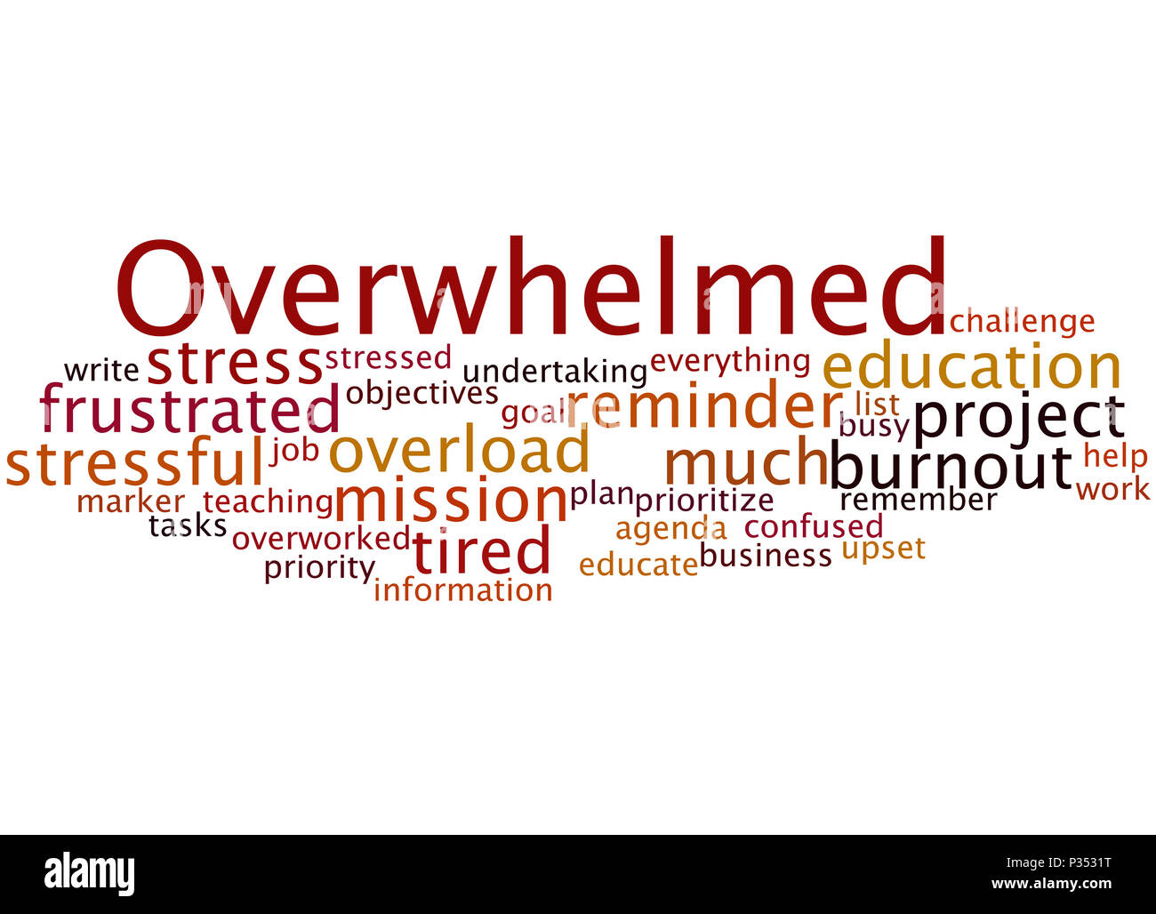 Accablé, mot concept cloud sur fond blanc. Banque D'Images