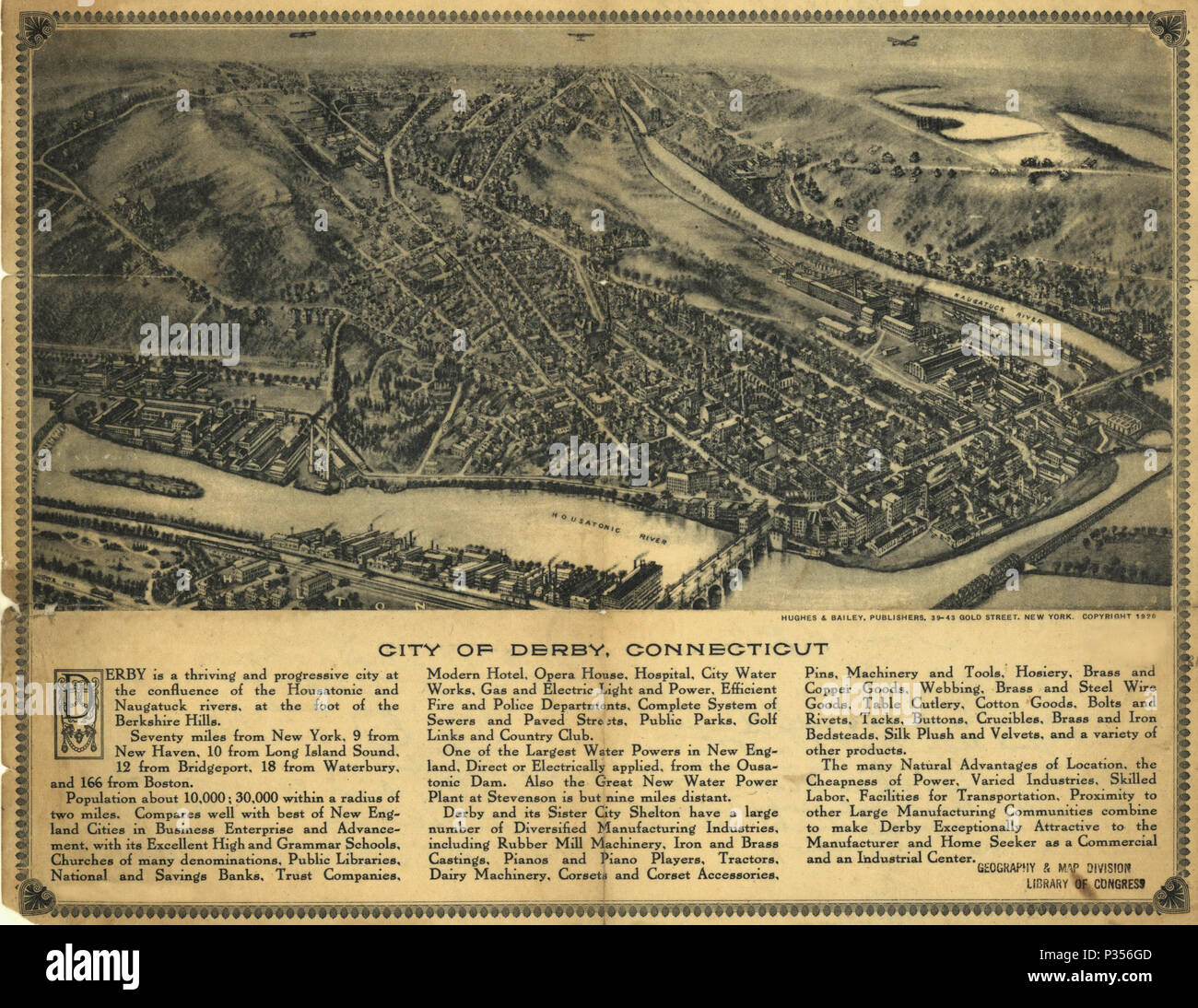 . Français : ville de Derby, Connecticut. Une carte historique de Derby, TC et la rivière Waterbury. Publié initialement en 1920 aux États-Unis. 1920. Hughes et Bailey, éditeurs, New York 2 ville de Derby, Connecticut 1920 Banque D'Images