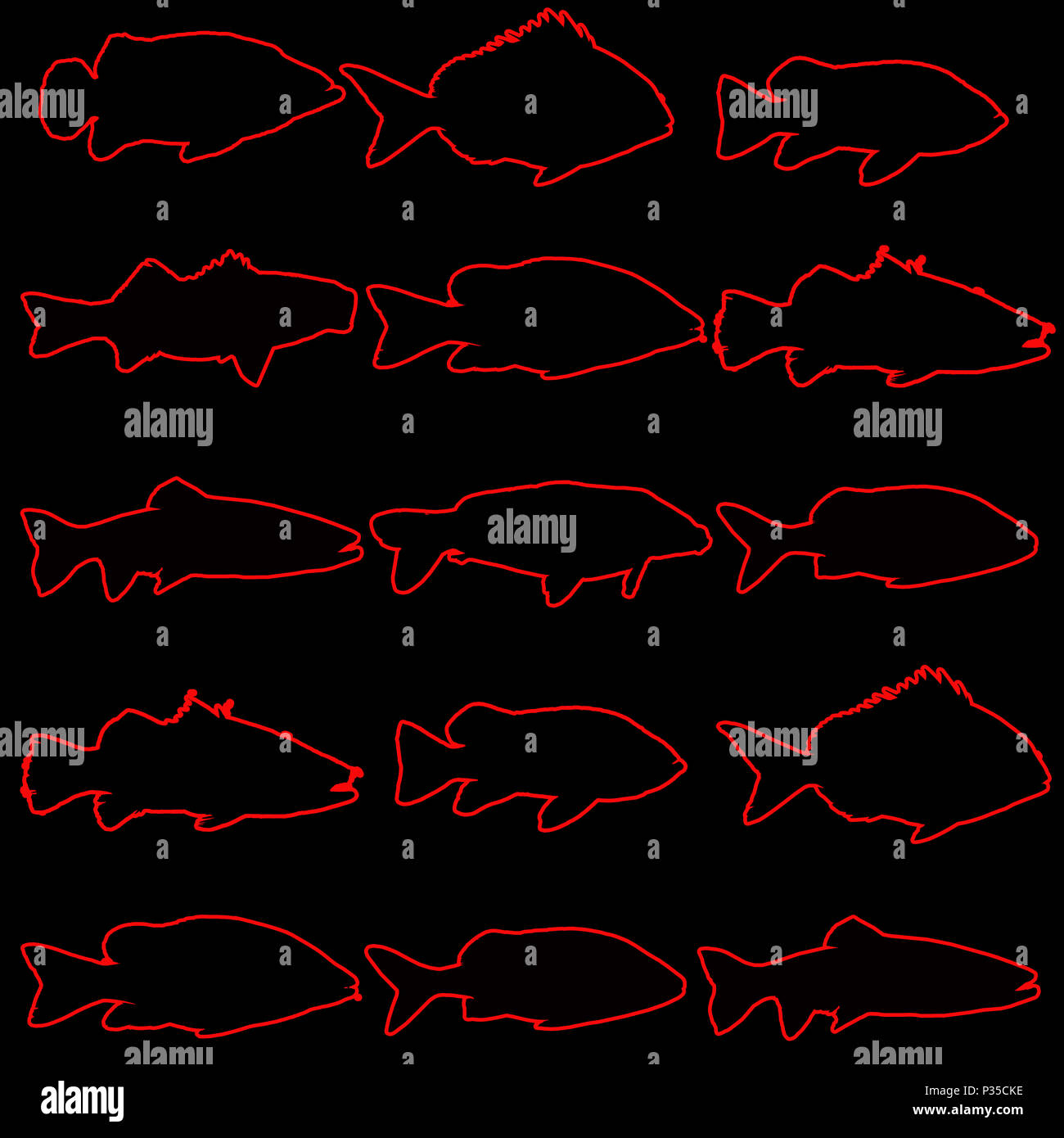 Silhouette de 15 poissons vert sur fond noir Banque D'Images