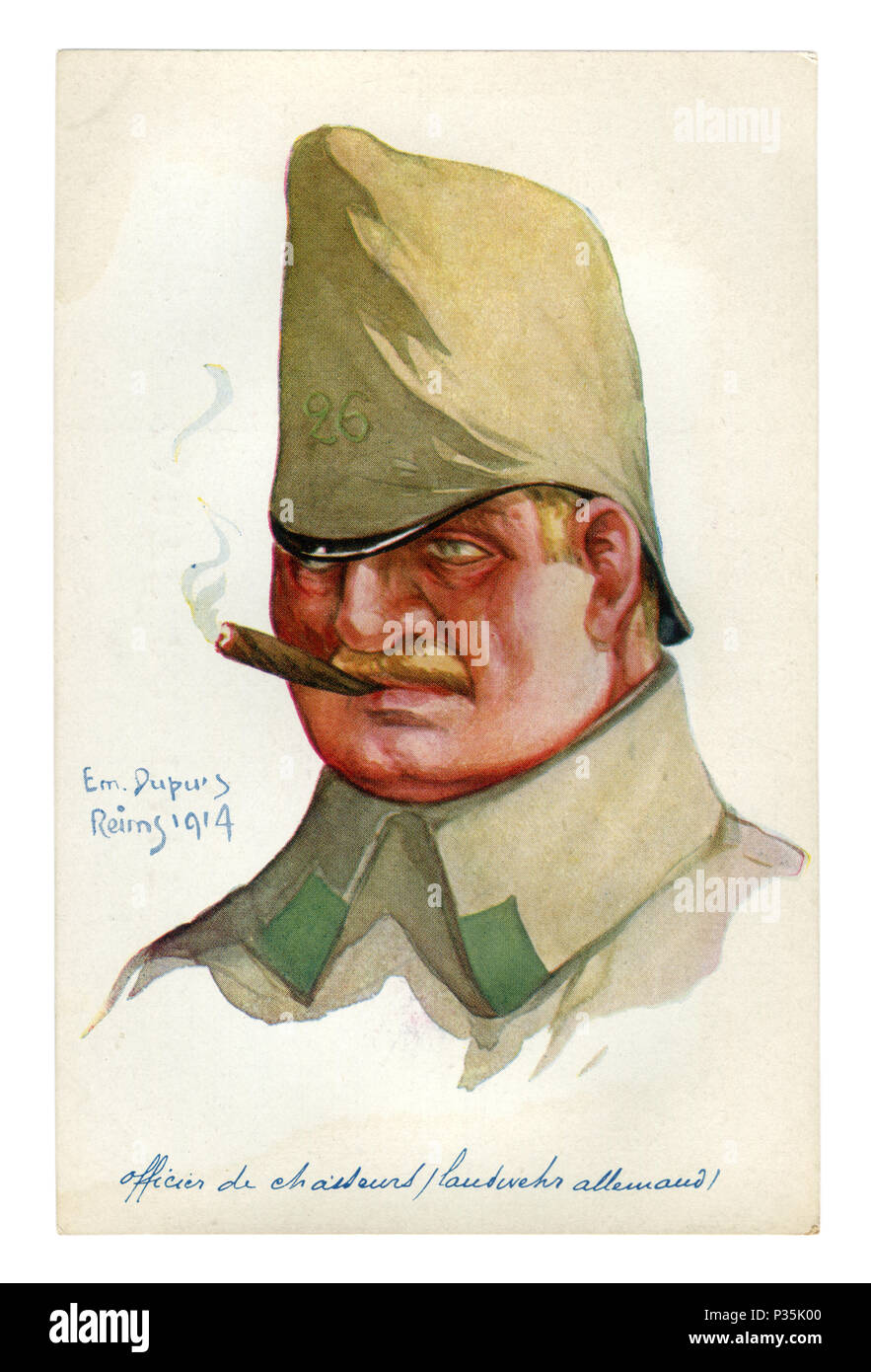 Carte postale historique français : officier allemand de la Jaeger avec un cigare dans la bouche, avec le numéro d'unité sur le capot de la PAC. la première guerre mondiale 1914 Banque D'Images