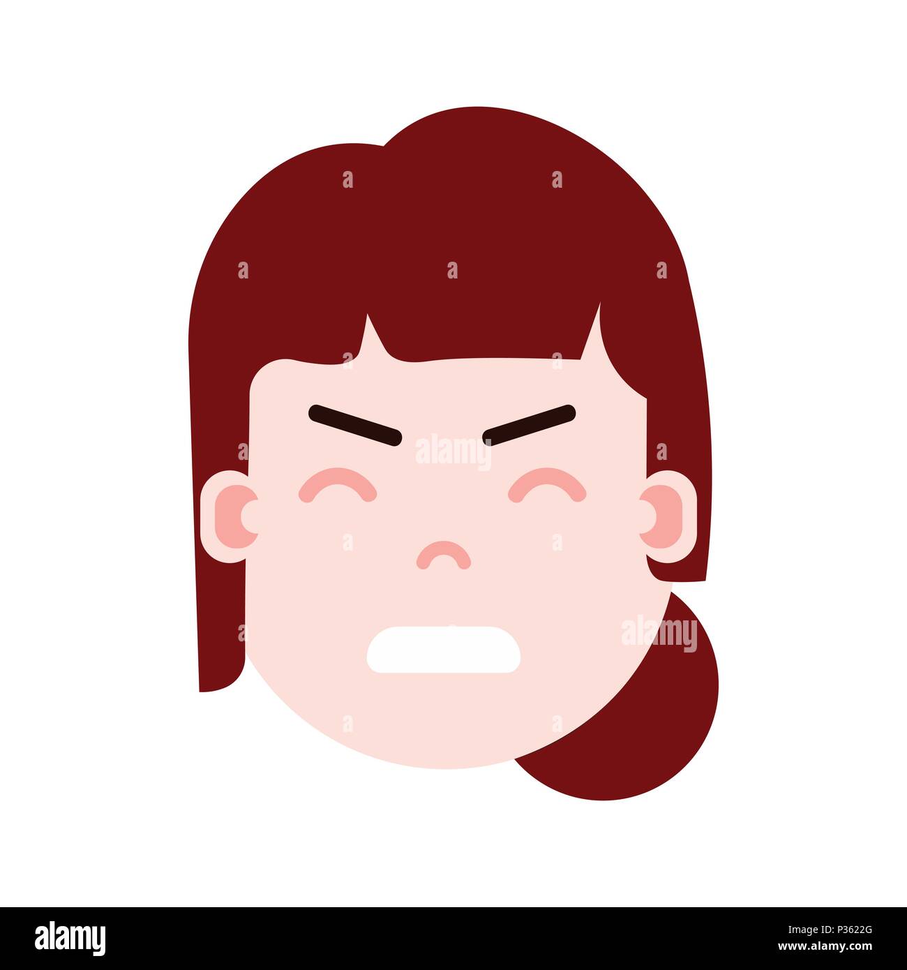 Girl head personnage emoji icône avec émotions faciales, avatar, caractère nerveux femme visage avec différentes émotions femelle. concept design plat. Illustration de Vecteur