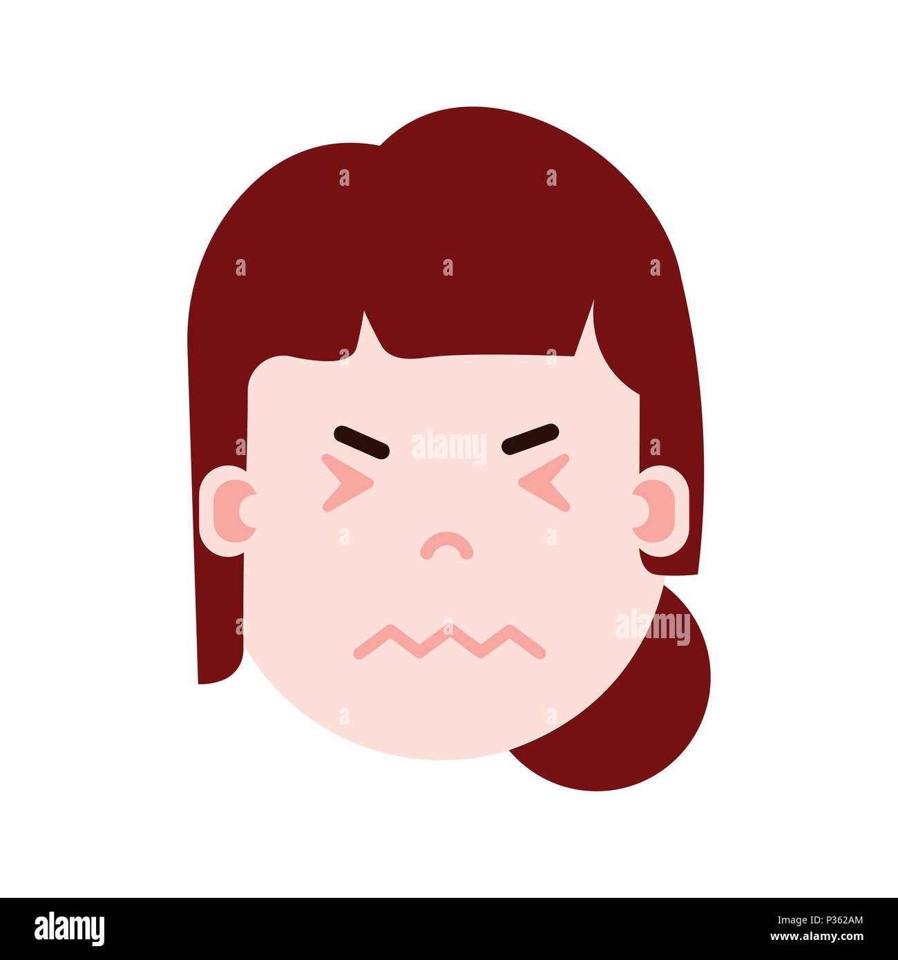 Girl head personnage emoji icône avec émotions faciales, avatar, caractère nerveux femme visage avec différentes émotions femelle. concept design plat. Illustration de Vecteur