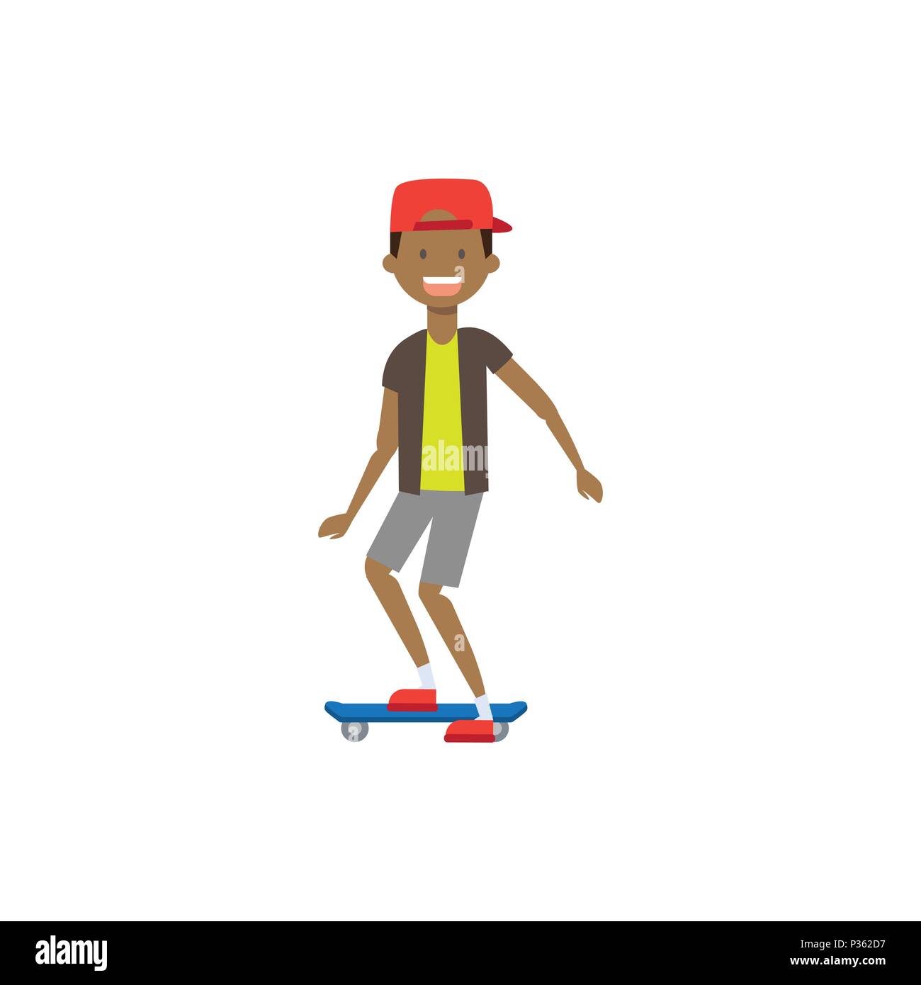 Kid boy wearing cap patinage sur planche à roulettes. Le skate ride. Caractère style plat Illustration de Vecteur