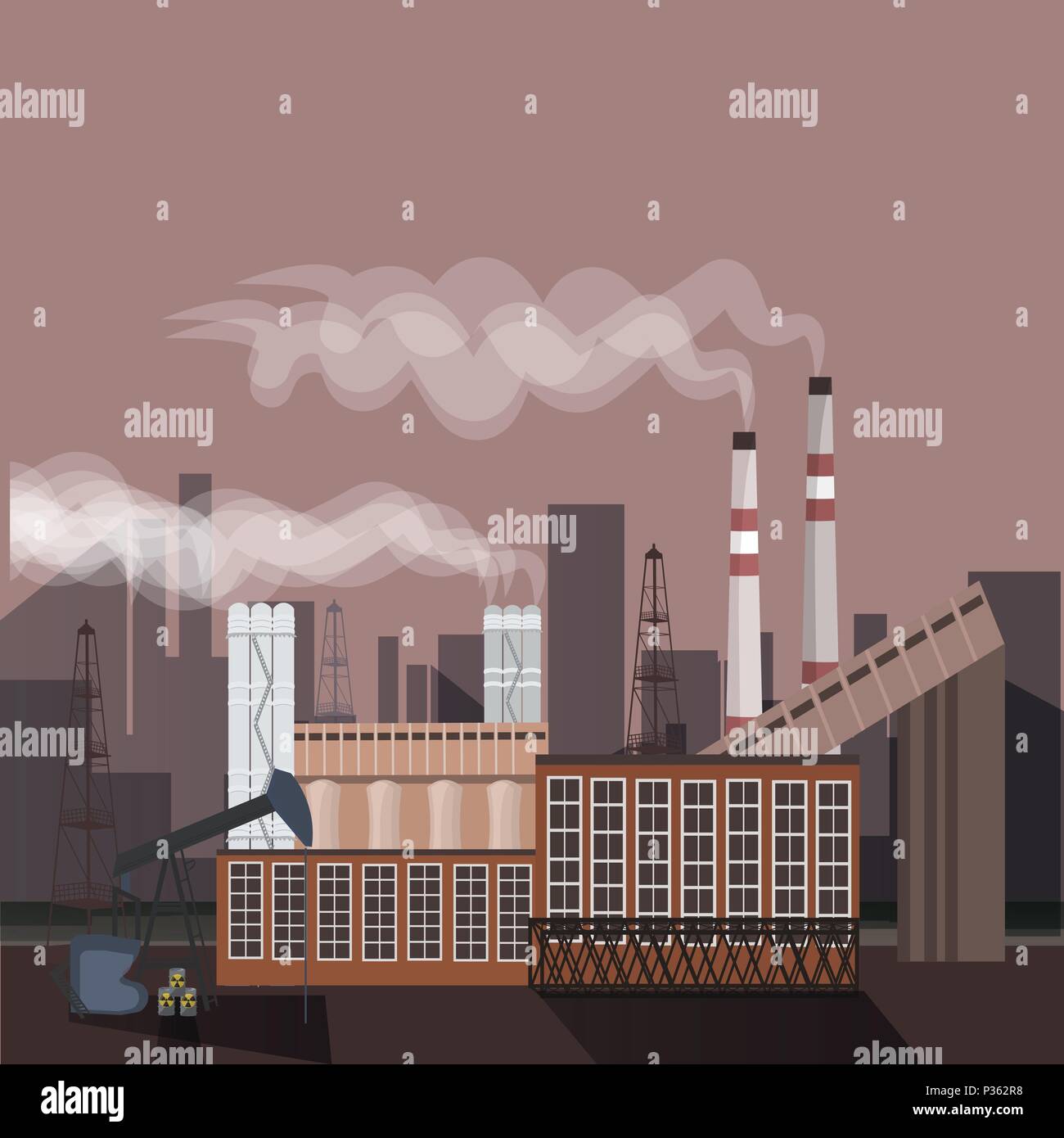Bâtiment de l'usine Usine de la pollution de la nature des déchets du tuyau. silhouette d'une plate-forme de forage. Illustration de Vecteur