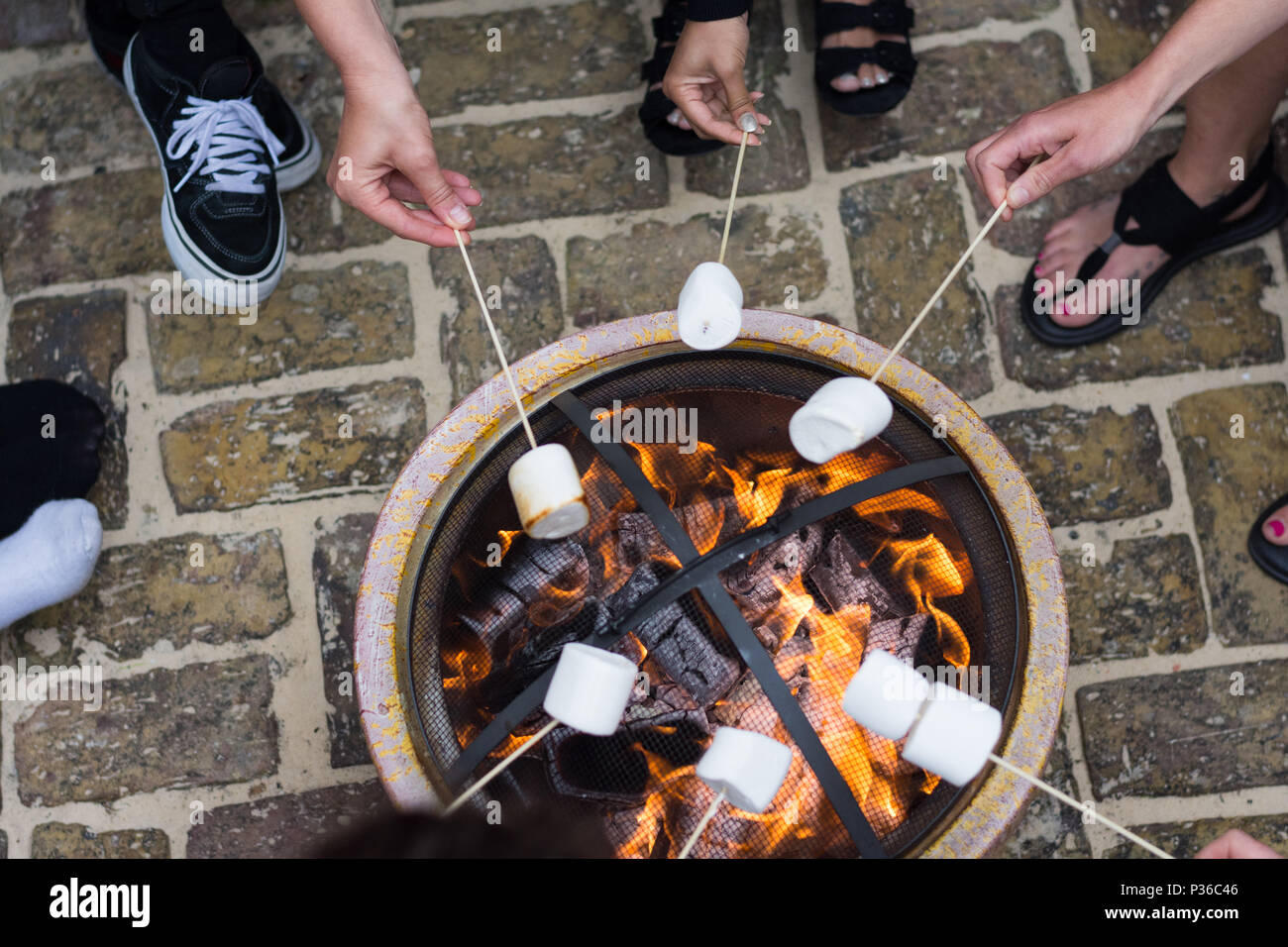 People toasting marshmellows sur open fire pit at garden party Banque D'Images