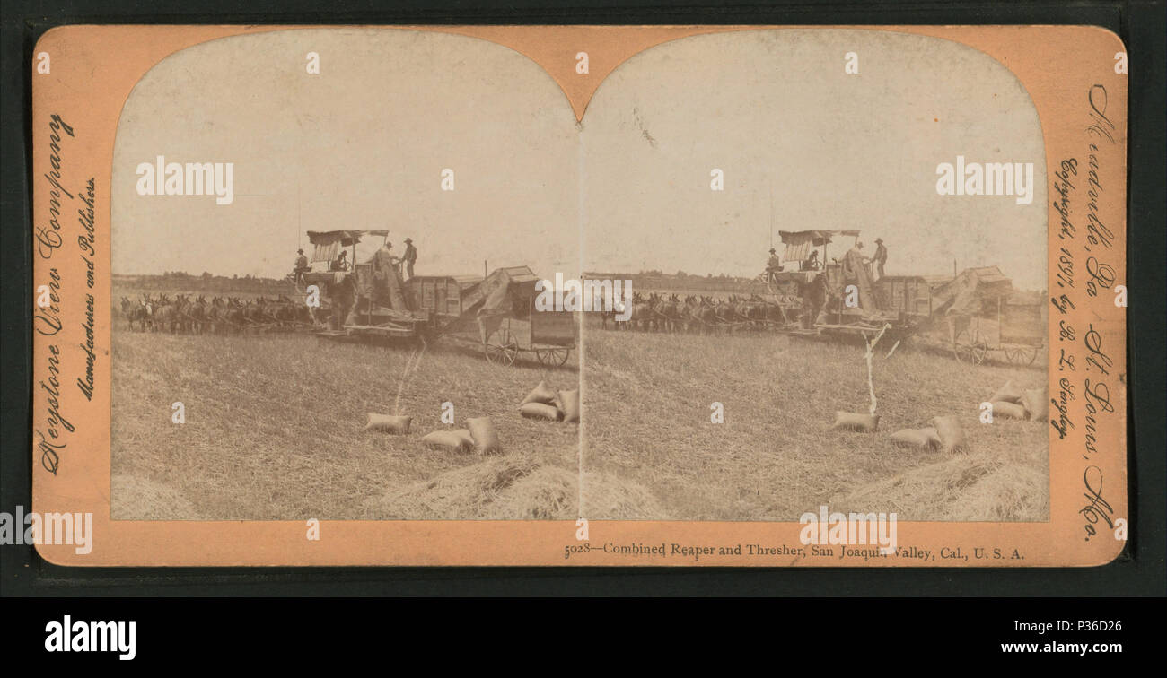 . Reaper combinés et Thrasher, Vallée de San Joaquin, en Californie, États-Unis d'Amérique Référence : 1897. Point numérique publié le 8-31-2005 ; mise à jour 2-12-2009. Combiné 72 reaper et Thrasher, Vallée de San Joaquin, en Californie, États-Unis, à partir de Robert N. Dennis collection de vues stéréoscopiques Banque D'Images