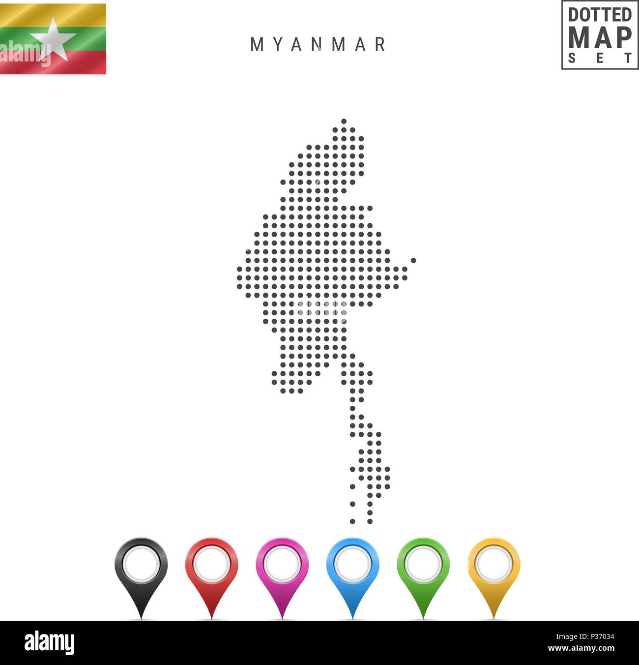 La carte à points vecteur du Myanmar. Silhouette simple du Myanmar. Drapeau national du Myanmar. Ensemble de marqueurs carte multicolore Illustration de Vecteur