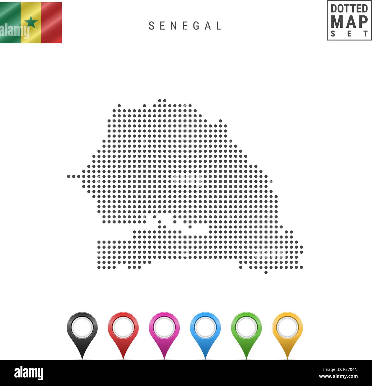 La carte à points vecteur du Sénégal. Silhouette simple du Sénégal. Drapeau national du Sénégal. Ensemble de marqueurs carte multicolore Illustration de Vecteur