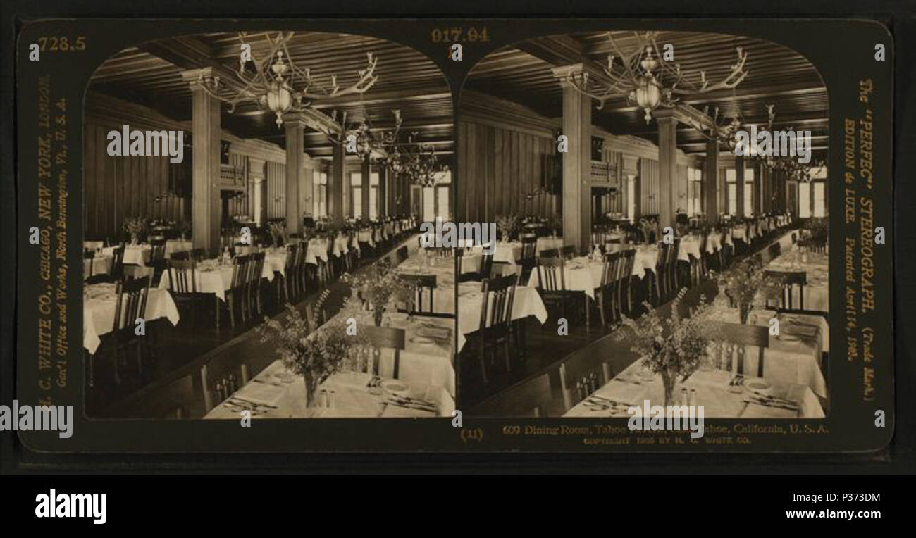 . Salle à manger, Tahoe Tavern, le lac Tahoe. Titre alternatif : le "Perfec' stéréogramme. Couverture : 1865 ?-1905 ?. Mentions légales Source : 1865 ?-1905 ?. Point numérique publié le 2-16-2006 ; mise à jour 2-12-2009. 86 Salle à manger, Tahoe Tavern, Lake Tahoe, à partir de Robert N. Dennis collection de vues stéréoscopiques Banque D'Images