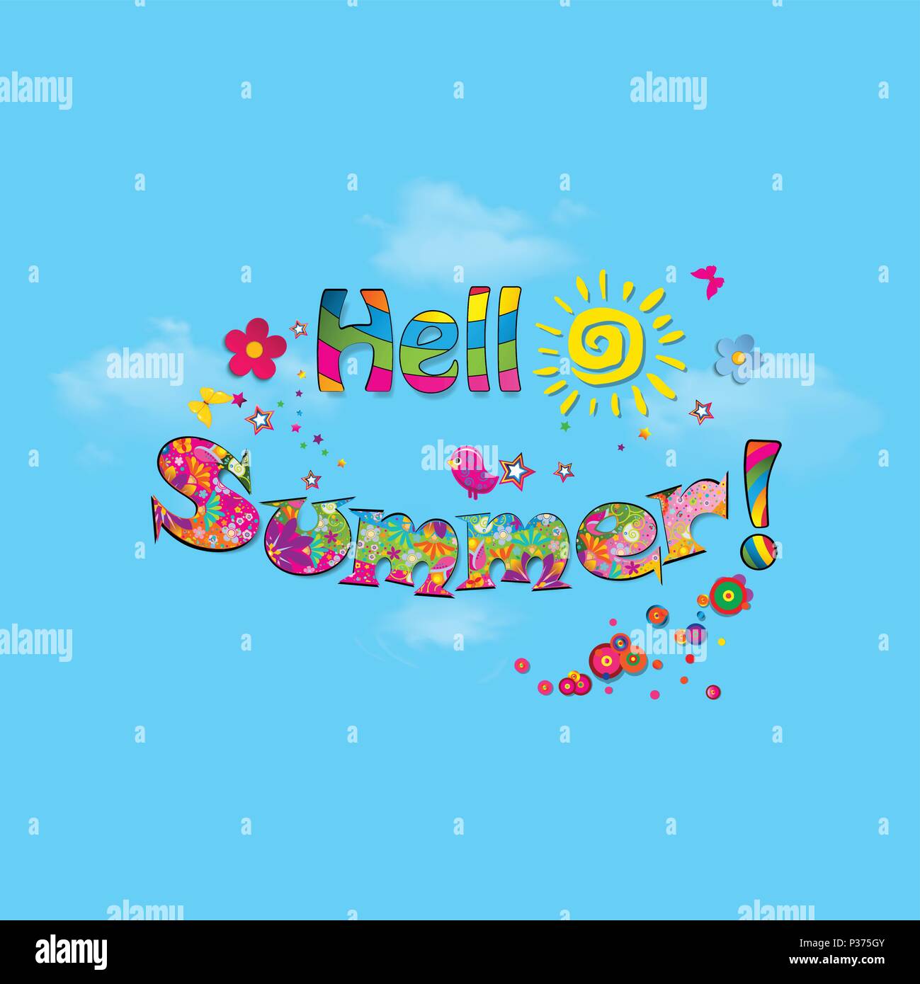 Hello Summer Lettrage Dessin Animé Typographie Avec éléments