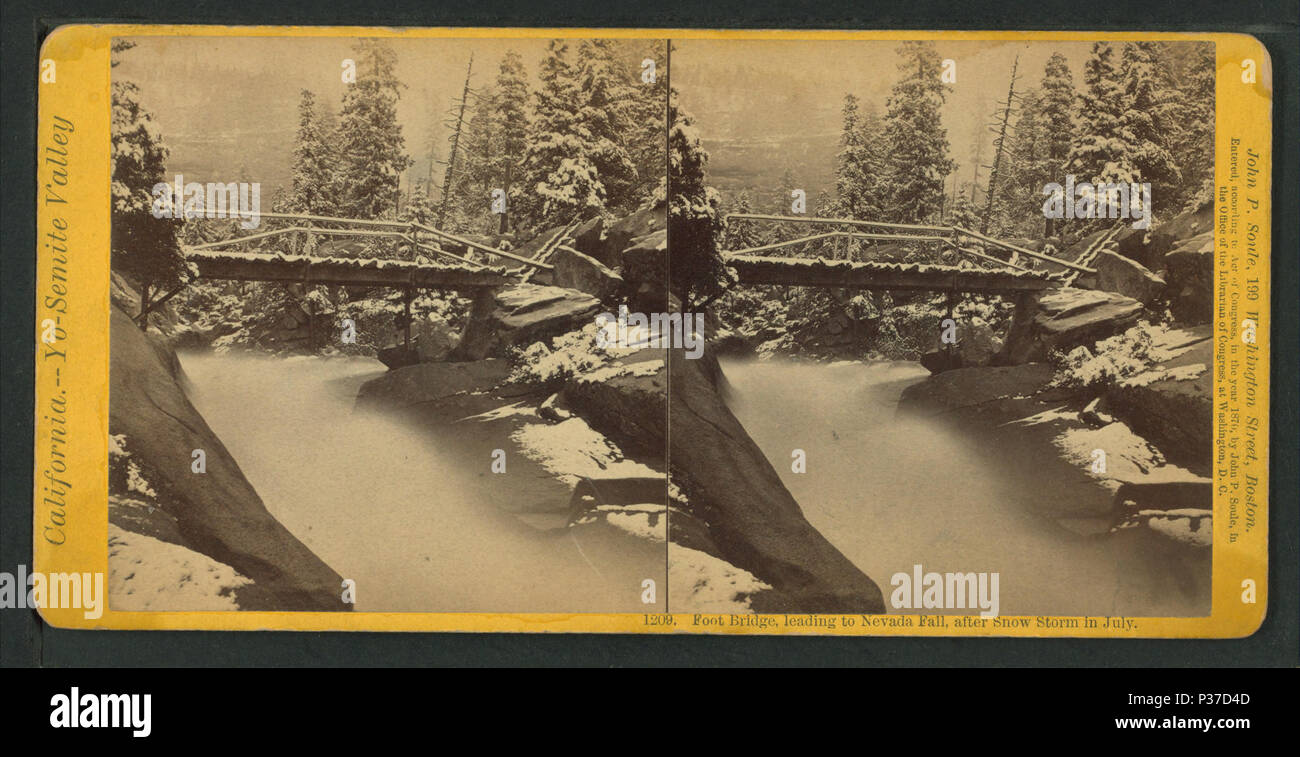 . Pont pied, conduisant à Nevada Fall, après une tempête de neige en juillet. Titre alternatif : Vues dans la vallée de Yosemite, no. 1209. Création : ca. 1870. Couverture : ca.1870. Mentions légales Source : ca.1870.. Point numérique publié le 7-28-2005 ; mise à jour 2-12-2009. 108 pont pied, conduisant à Nevada Fall, après une tempête de neige en juillet, par John P. Soule Banque D'Images