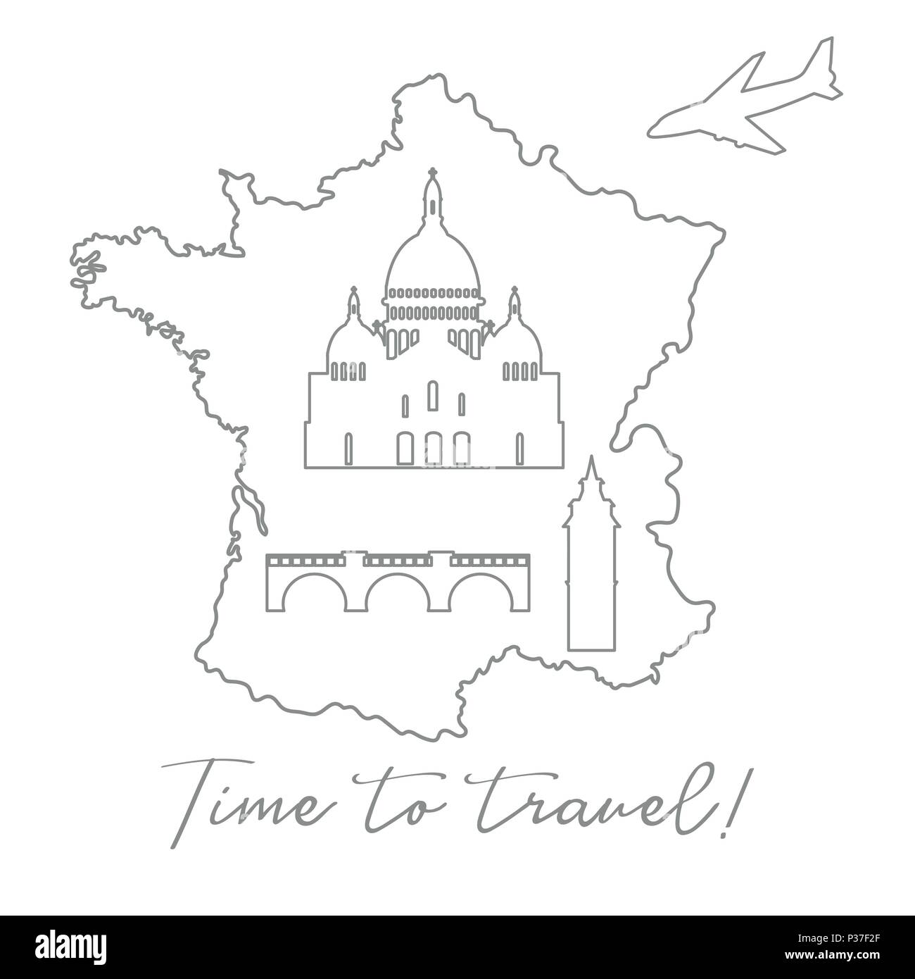Carte de France, pont, Tour, basilique, avion. Voyages et loisirs. Illustration de Vecteur