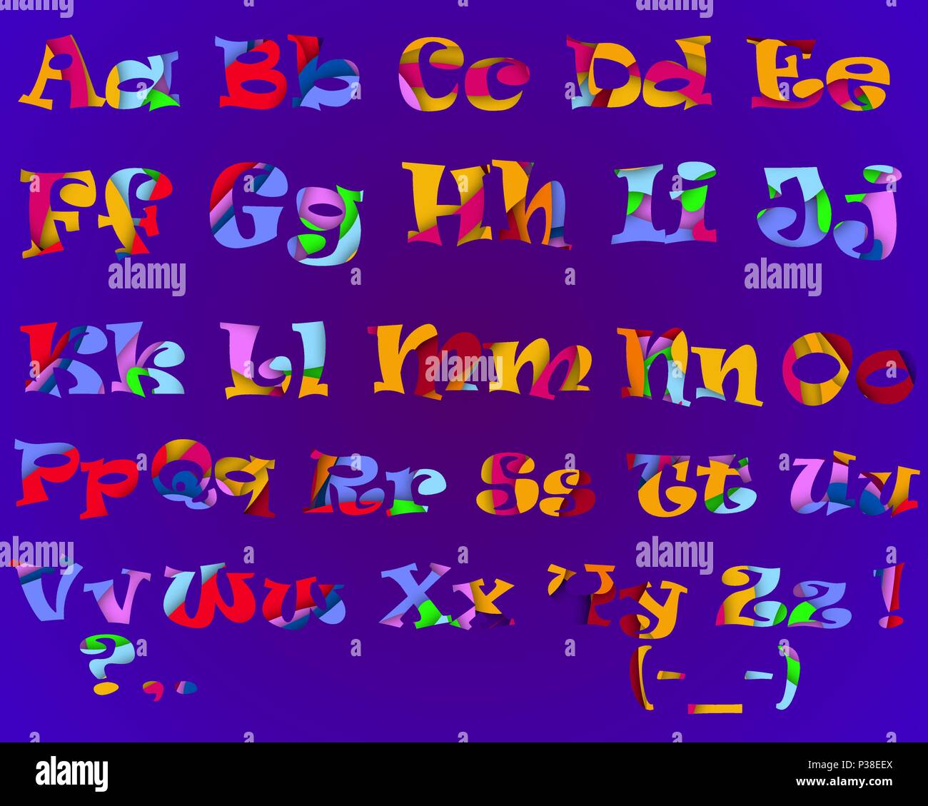 L'alphabet dans le papier coupé de l'équipement. Vector illustration. Le lettres de couleur sur fond violet. Illustration de Vecteur