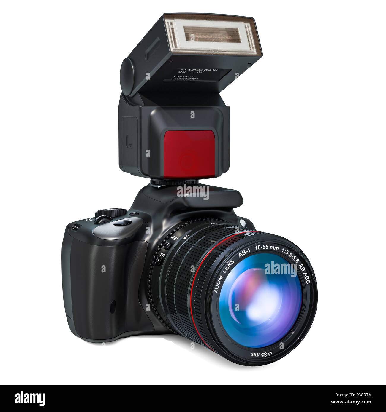Reflex appareil photo avec flash externe électronique, rendu 3D isolé sur  fond blanc Photo Stock - Alamy