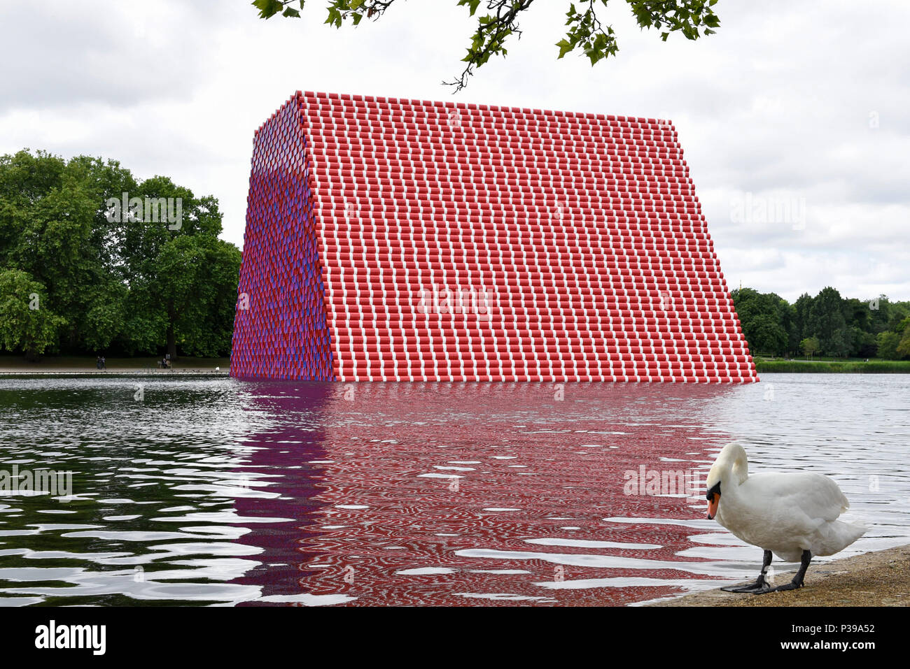 Londres, Royaume-Uni. 18 juin 2018. Un cygne passe au dévoilement officiel de la Mastaba de Londres par Christo et Jeanne-Claude. Comprenant 7 506 barils colorés empilés horizontalement, dans des tons de rouge, bleu, mauve et blanc, fixé sur une plate-forme flottante, c'est la première piscine publique Christo travailler au Royaume-Uni. La forme géométrique s'inspire de mastabas antiques de Mésopotamie et sera à l'affiche du 18 juin au 21 septembre 2018. Crédit : Stephen Chung / Alamy Live News Banque D'Images