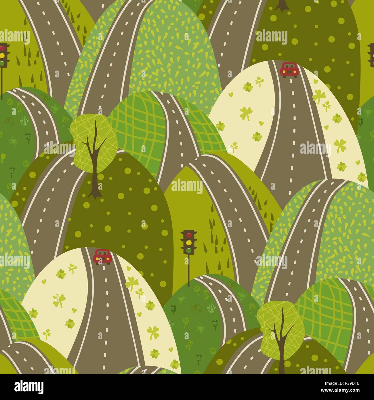 Route à travers les collines verdoyantes seamles vecteur fond urbain modèle texture doodle Illustration de Vecteur