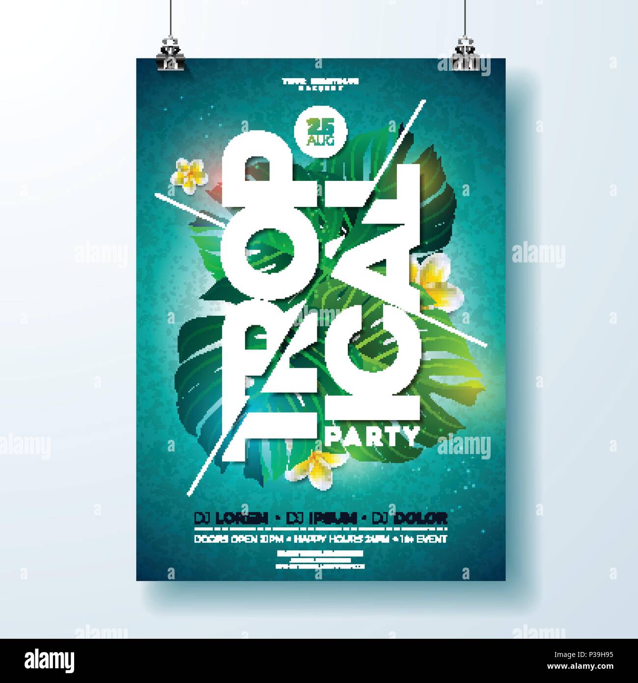 Tropical Party flyer design vectoriel avec plantes tropicales et de fleurs sur fond bleu. La nature d'été et d'éléments floraux lettre typographique. Modèle de conception de bannière de plage en été, flyer, invitation, de l'affiche. Illustration de Vecteur