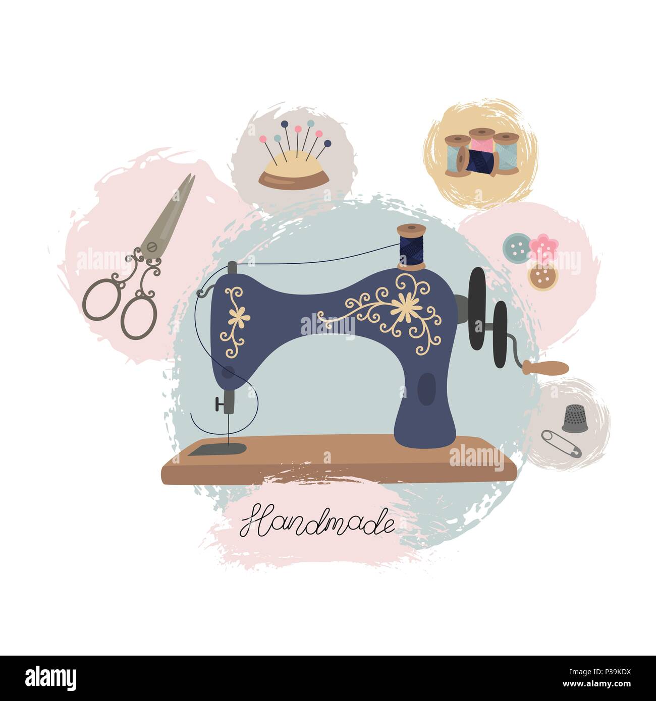 Atelier de couture ou tailleur. Vintage dessinés à la main, machine à coudre. Illustration de Vecteur