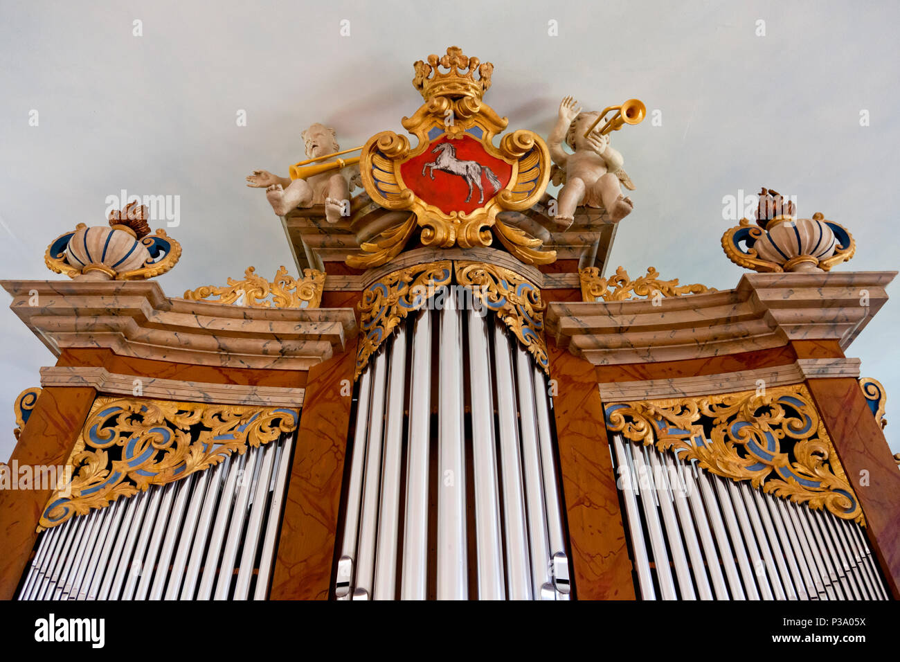 Ruehstaedt, Allemagne, détail de l'orgue de l'église du village Protestant Banque D'Images