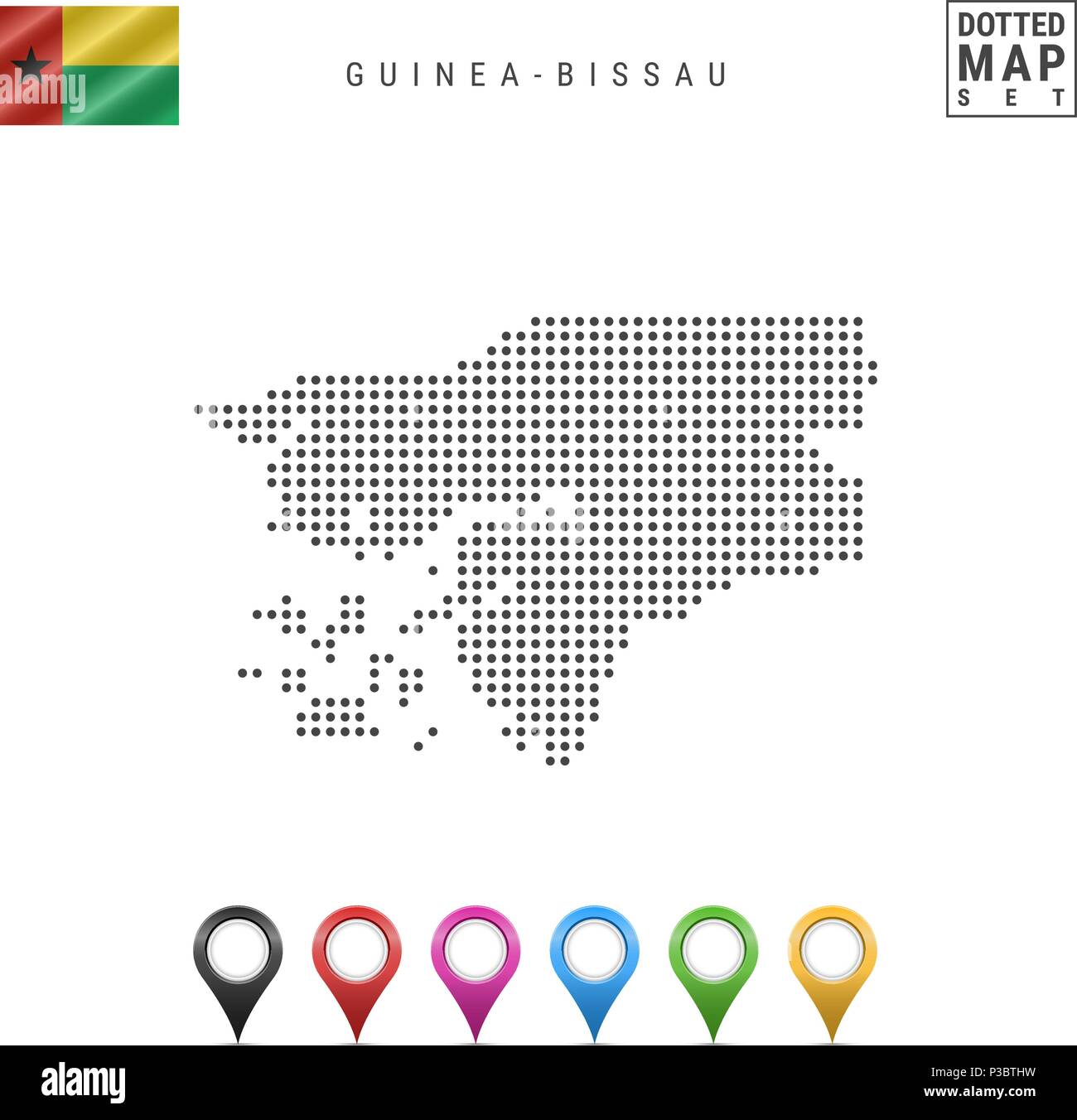 La carte à points de scénario de la Guinée-Bissau. Silhouette simple de la Guinée-Bissau. Pavillon de la Guinée-Bissau. Les marqueurs de carte multicolore Illustration de Vecteur