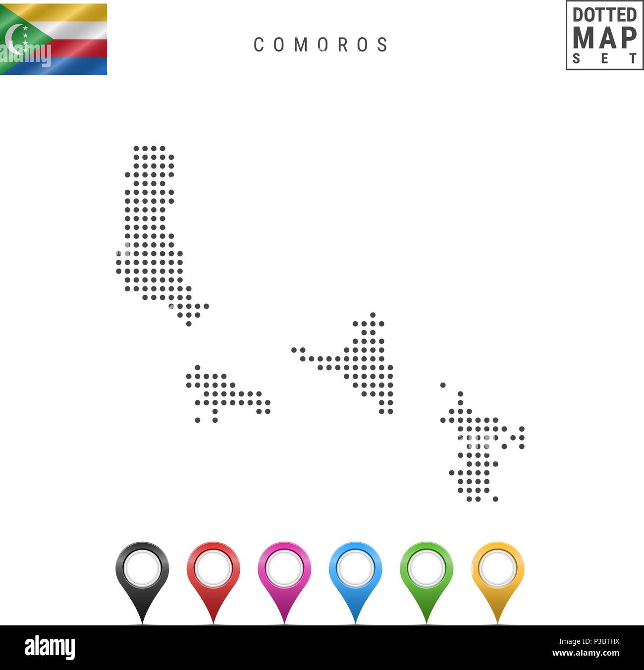 La carte à points vecteur des Comores. Silhouette simple des Comores. Drapeau national des Comores. Ensemble de marqueurs carte multicolore Illustration de Vecteur