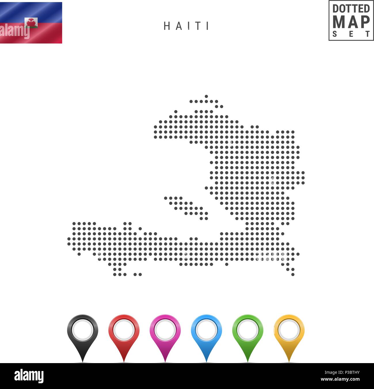 La carte à points vecteur d'Haïti. Silhouette simple d'Haïti. Le drapeau national d'Haïti. Ensemble de marqueurs carte multicolore Illustration de Vecteur